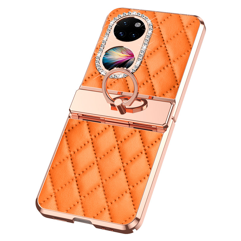 For Huawei P50 Pocket Imprinted Leather Coated PC Phone Case Rhinestone Ring Kickstand Electroplating Phone Cover