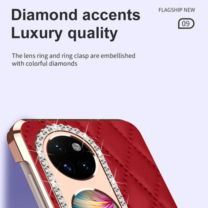 For Huawei P50 Pocket Imprinted Leather Coated PC Phone Case Rhinestone Ring Kickstand Electroplating Phone Cover