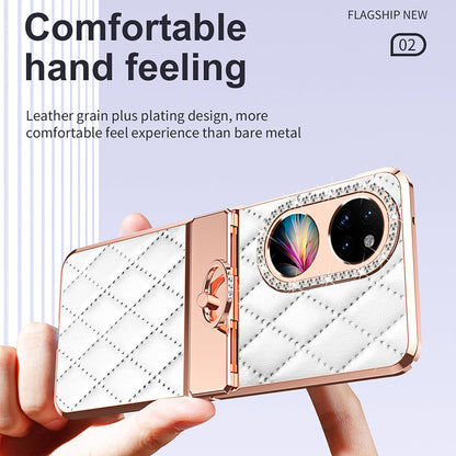 For Huawei P50 Pocket Imprinted Leather Coated PC Phone Case Rhinestone Ring Kickstand Electroplating Phone Cover