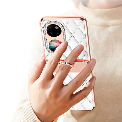 For Huawei P50 Pocket Imprinted Leather Coated PC Phone Case Rhinestone Ring Kickstand Electroplating Phone Cover