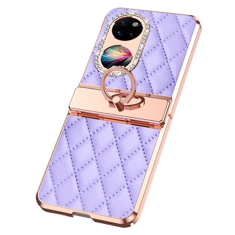 For Huawei P50 Pocket Imprinted Leather Coated PC Phone Case Rhinestone Ring Kickstand Electroplating Phone Cover