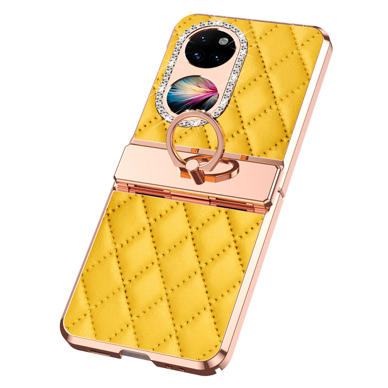 For Huawei P50 Pocket Imprinted Leather Coated PC Phone Case Rhinestone Ring Kickstand Electroplating Phone Cover