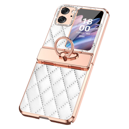 For Oppo Find N2 Flip 5G Rhinestone Folding Phone Case Ring Kickstand Electroplating Imprinted Leather Coated PC Cover