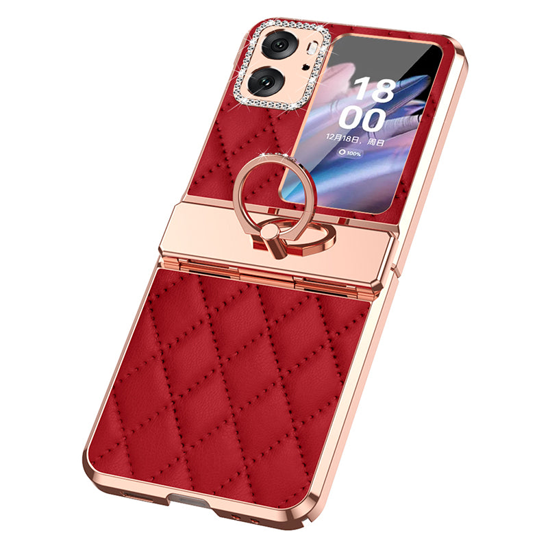 For Oppo Find N2 Flip 5G Rhinestone Folding Phone Case Ring Kickstand Electroplating Imprinted Leather Coated PC Cover
