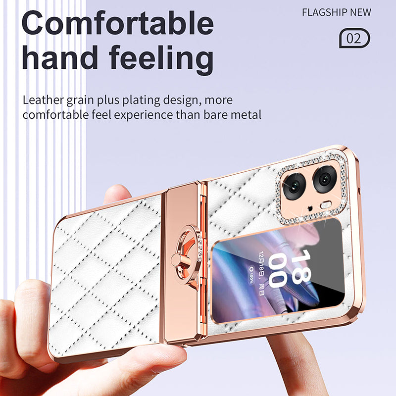 For Oppo Find N2 Flip 5G Rhinestone Folding Phone Case Ring Kickstand Electroplating Imprinted Leather Coated PC Cover