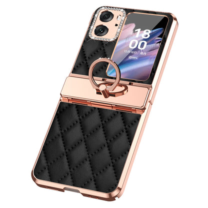 For Oppo Find N2 Flip 5G Rhinestone Folding Phone Case Ring Kickstand Electroplating Imprinted Leather Coated PC Cover
