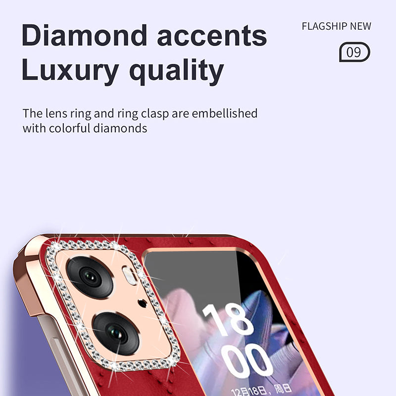 For Oppo Find N2 Flip 5G Rhinestone Folding Phone Case Ring Kickstand Electroplating Imprinted Leather Coated PC Cover