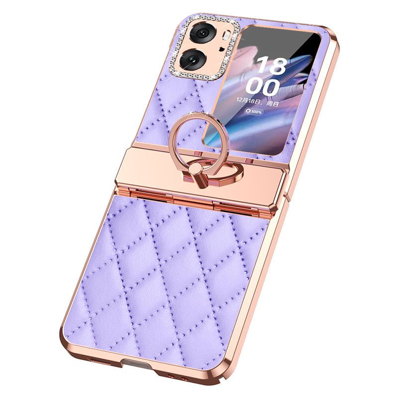 For Oppo Find N2 Flip 5G Rhinestone Folding Phone Case Ring Kickstand Electroplating Imprinted Leather Coated PC Cover