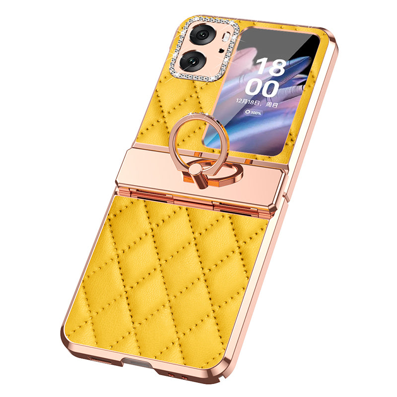 For Oppo Find N2 Flip 5G Rhinestone Folding Phone Case Ring Kickstand Electroplating Imprinted Leather Coated PC Cover