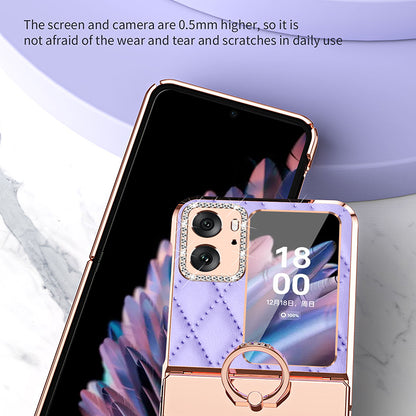 For Oppo Find N2 Flip 5G Rhinestone Folding Phone Case Ring Kickstand Electroplating Imprinted Leather Coated PC Cover