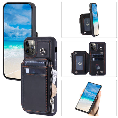 009 Phone Case for iPhone 12 / 12 Pro 6.1 inch , RFID Blocking PU+TPU Cover Kickstand Zipper Wallet Shell with Strap