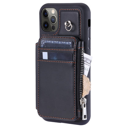 009 Phone Case for iPhone 12 / 12 Pro 6.1 inch , RFID Blocking PU+TPU Cover Kickstand Zipper Wallet Shell with Strap