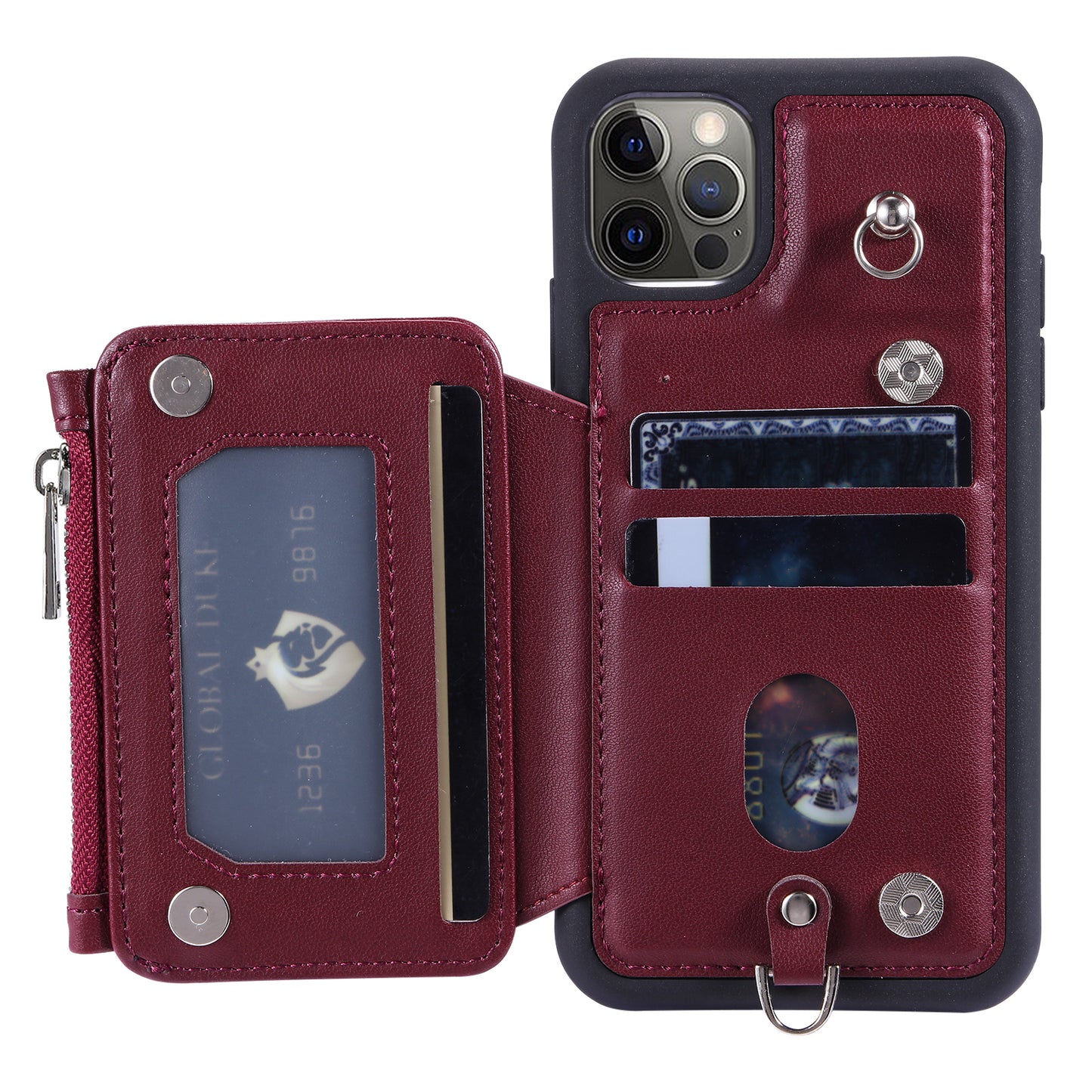 009 Phone Case for iPhone 12 / 12 Pro 6.1 inch , RFID Blocking PU+TPU Cover Kickstand Zipper Wallet Shell with Strap