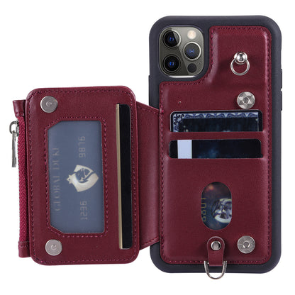 009 Phone Case for iPhone 12 / 12 Pro 6.1 inch , RFID Blocking PU+TPU Cover Kickstand Zipper Wallet Shell with Strap