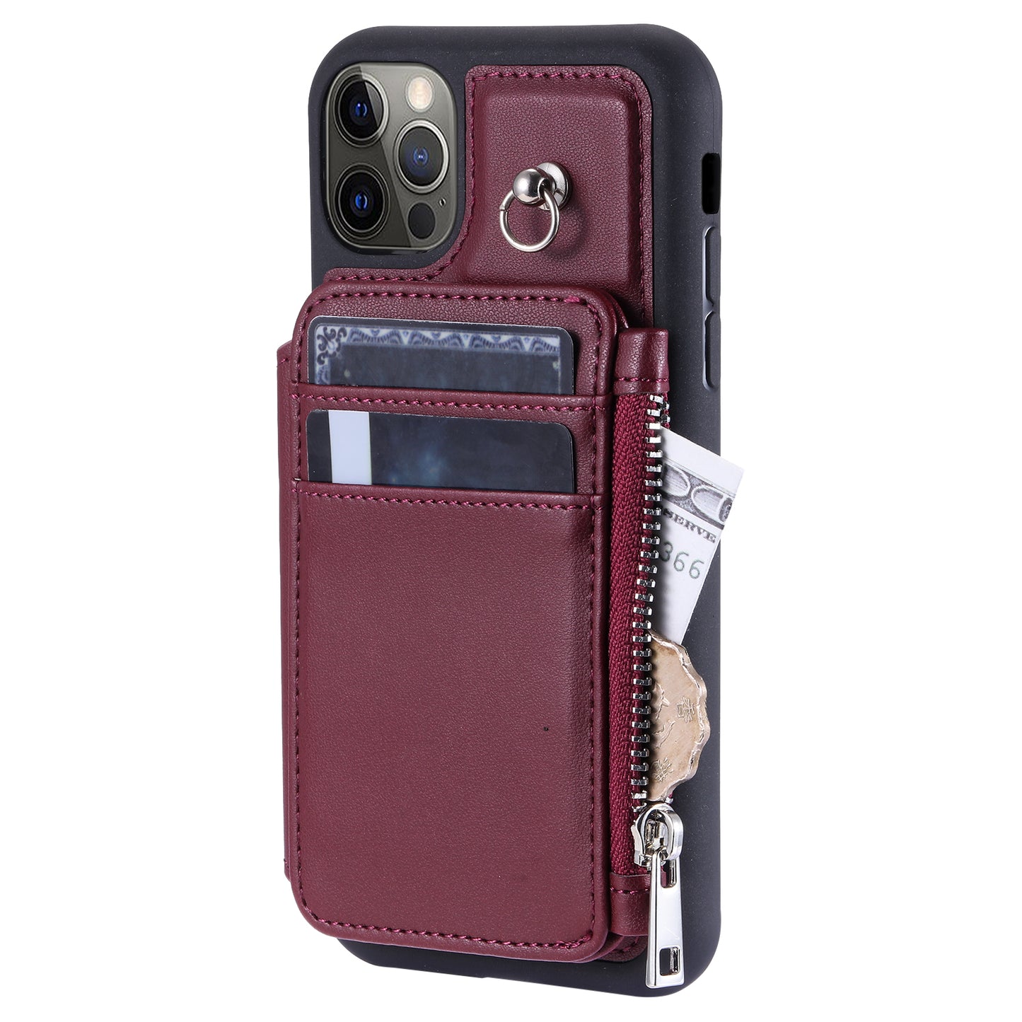 009 Phone Case for iPhone 12 / 12 Pro 6.1 inch , RFID Blocking PU+TPU Cover Kickstand Zipper Wallet Shell with Strap