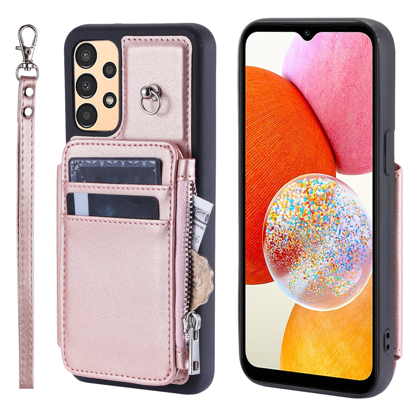 009 Phone Case for Samsung Galaxy A14 4G / 5G , RFID Blocking PU+TPU Anti-drop Cover Kickstand Zipper Wallet Shell with Strap