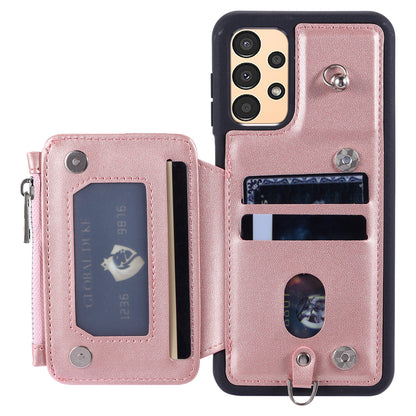 009 Phone Case for Samsung Galaxy A14 4G / 5G , RFID Blocking PU+TPU Anti-drop Cover Kickstand Zipper Wallet Shell with Strap