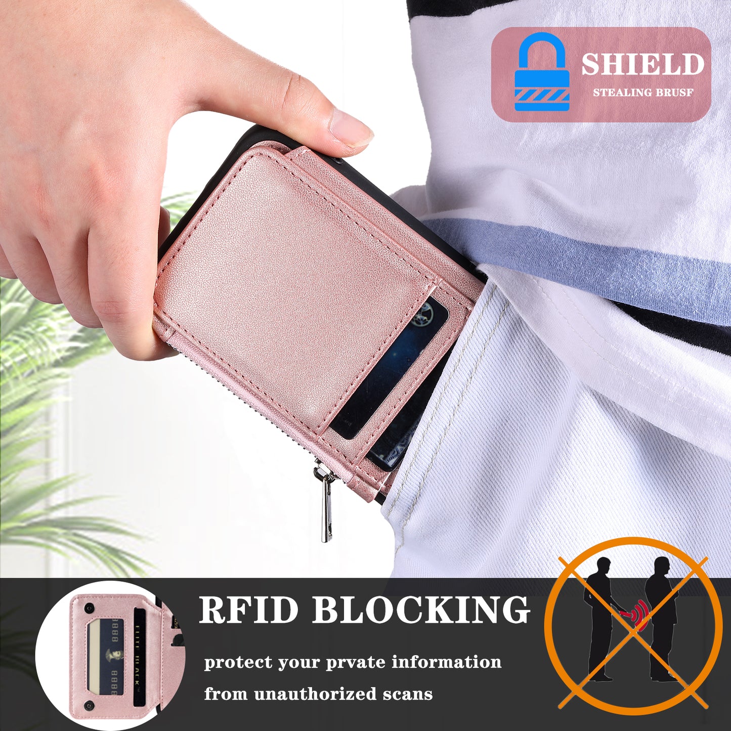 009 Phone Case for Samsung Galaxy A14 4G / 5G , RFID Blocking PU+TPU Anti-drop Cover Kickstand Zipper Wallet Shell with Strap