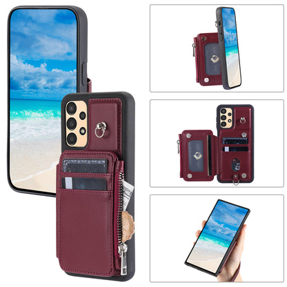 009 Phone Case for Samsung Galaxy A14 4G / 5G , RFID Blocking PU+TPU Anti-drop Cover Kickstand Zipper Wallet Shell with Strap