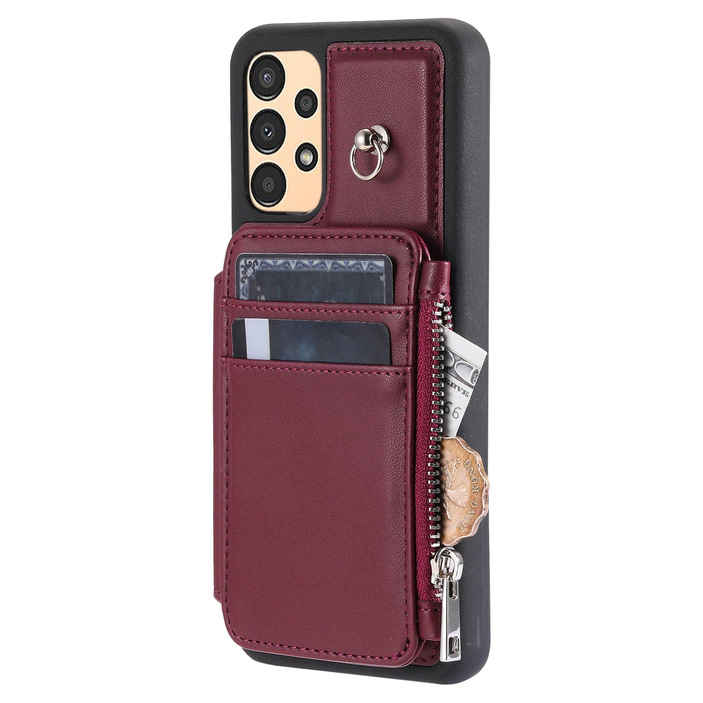 009 Phone Case for Samsung Galaxy A14 4G / 5G , RFID Blocking PU+TPU Anti-drop Cover Kickstand Zipper Wallet Shell with Strap