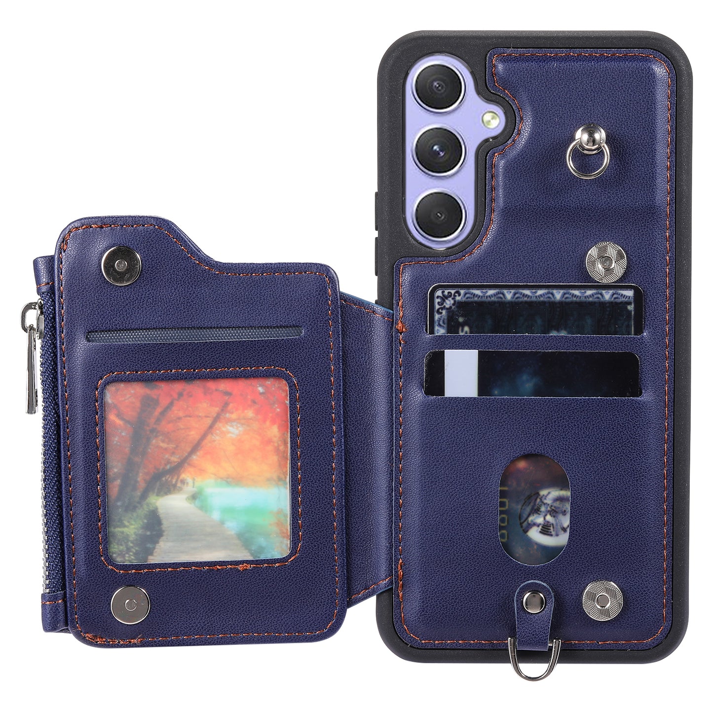 009 Phone Case for Samsung Galaxy A54 5G , RFID Blocking PU+TPU Bump Proof Cover Kickstand Zipper Wallet Shell with Strap