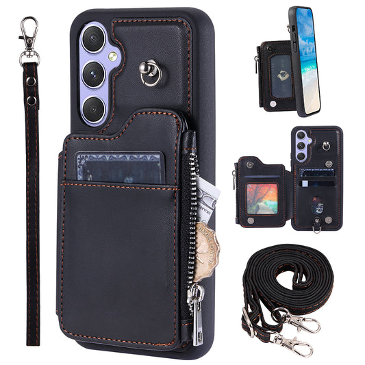 009 For Samsung Galaxy A54 5G RFID Blocking Zipper Wallet Protective Case PU Leather+TPU Kickstand Phone Cover with Straps