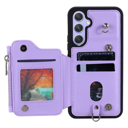 009 For Samsung Galaxy A54 5G RFID Blocking Zipper Wallet Protective Case PU Leather+TPU Kickstand Phone Cover with Straps
