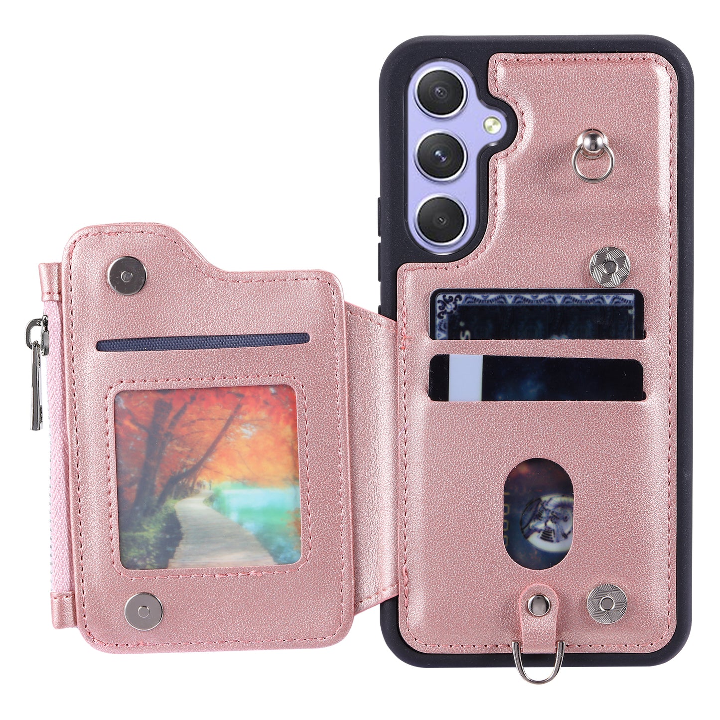 009 For Samsung Galaxy A54 5G RFID Blocking Zipper Wallet Protective Case PU Leather+TPU Kickstand Phone Cover with Straps