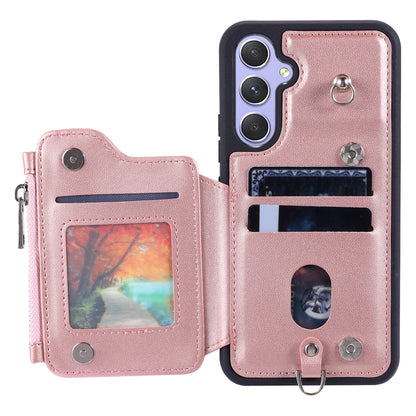 009 For Samsung Galaxy A54 5G RFID Blocking Zipper Wallet Protective Case PU Leather+TPU Kickstand Phone Cover with Straps