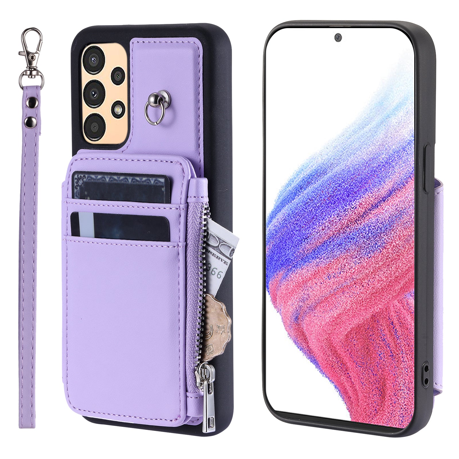 009 Shockproof Phone Case for Samsung Galaxy A53 5G , RFID Blocking PU+TPU Cover Kickstand Zipper Wallet Shell with Strap