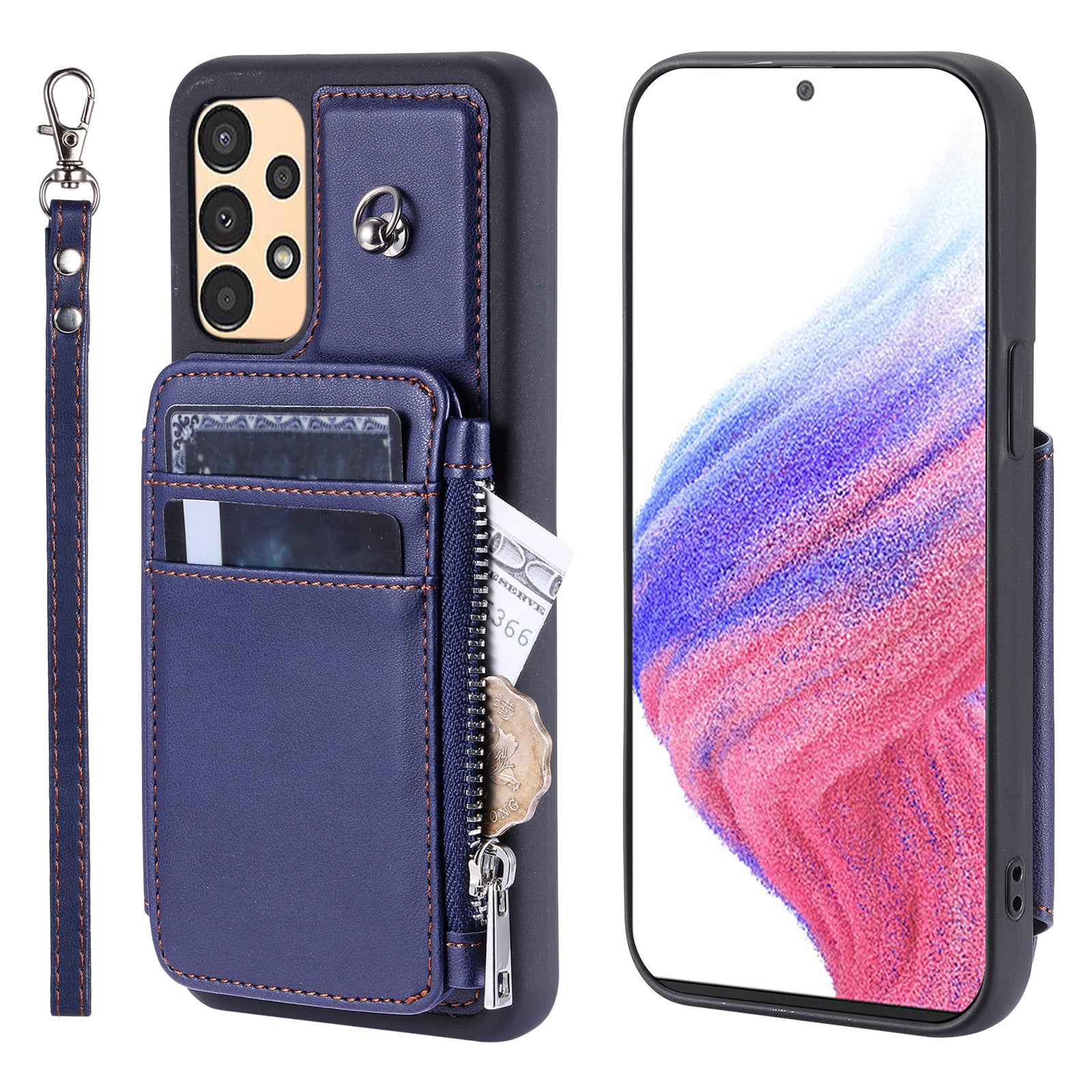 009 Shockproof Phone Case for Samsung Galaxy A53 5G , RFID Blocking PU+TPU Cover Kickstand Zipper Wallet Shell with Strap