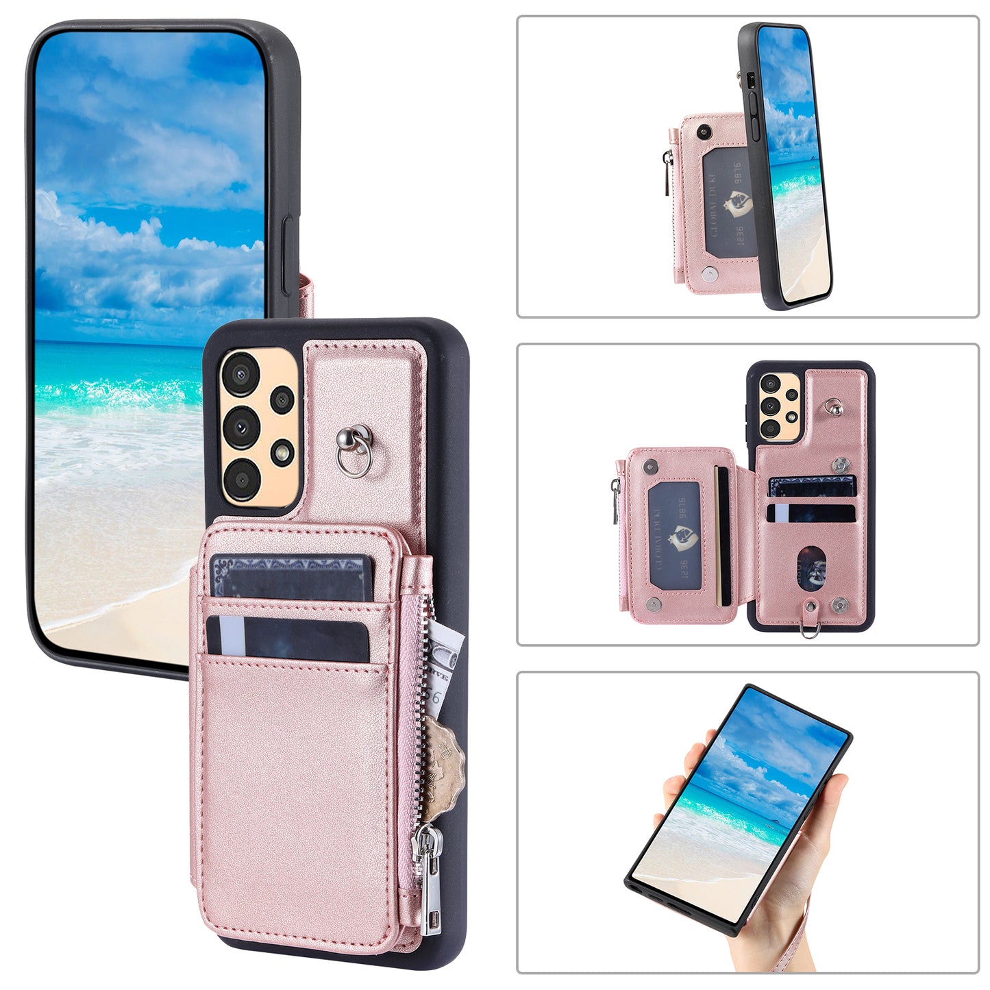009 For Samsung Galaxy A52 4G / A52 5G / 52s 5G RFID Blocking Phone Case PU+TPU Cover Kickstand Zipper Wallet Shell with Strap