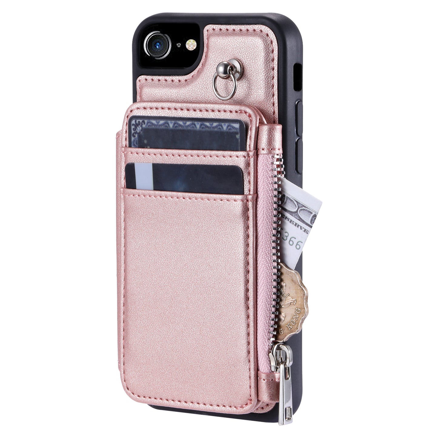 009 Cell Phone Back Case for iPhone 6 / 6s / 7 / 8 / SE (2020) / SE (2022) , RFID Blocking PU+TPU Cover Kickstand Zipper Wallet Shell with Strap