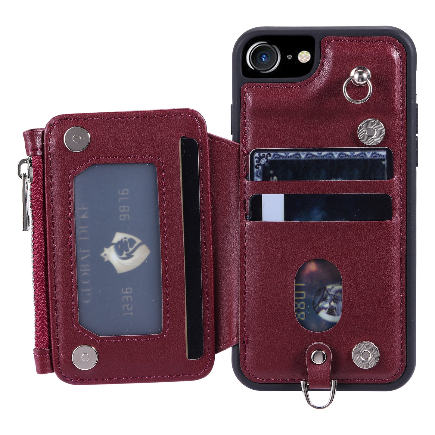 009 Cell Phone Back Case for iPhone 6 / 6s / 7 / 8 / SE (2020) / SE (2022) , RFID Blocking PU+TPU Cover Kickstand Zipper Wallet Shell with Strap