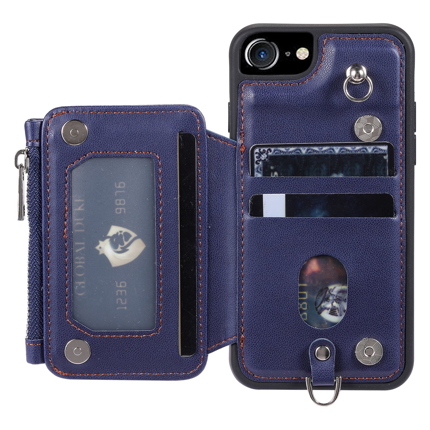 009 Cell Phone Back Case for iPhone 6 / 6s / 7 / 8 / SE (2020) / SE (2022) , RFID Blocking PU+TPU Cover Kickstand Zipper Wallet Shell with Strap