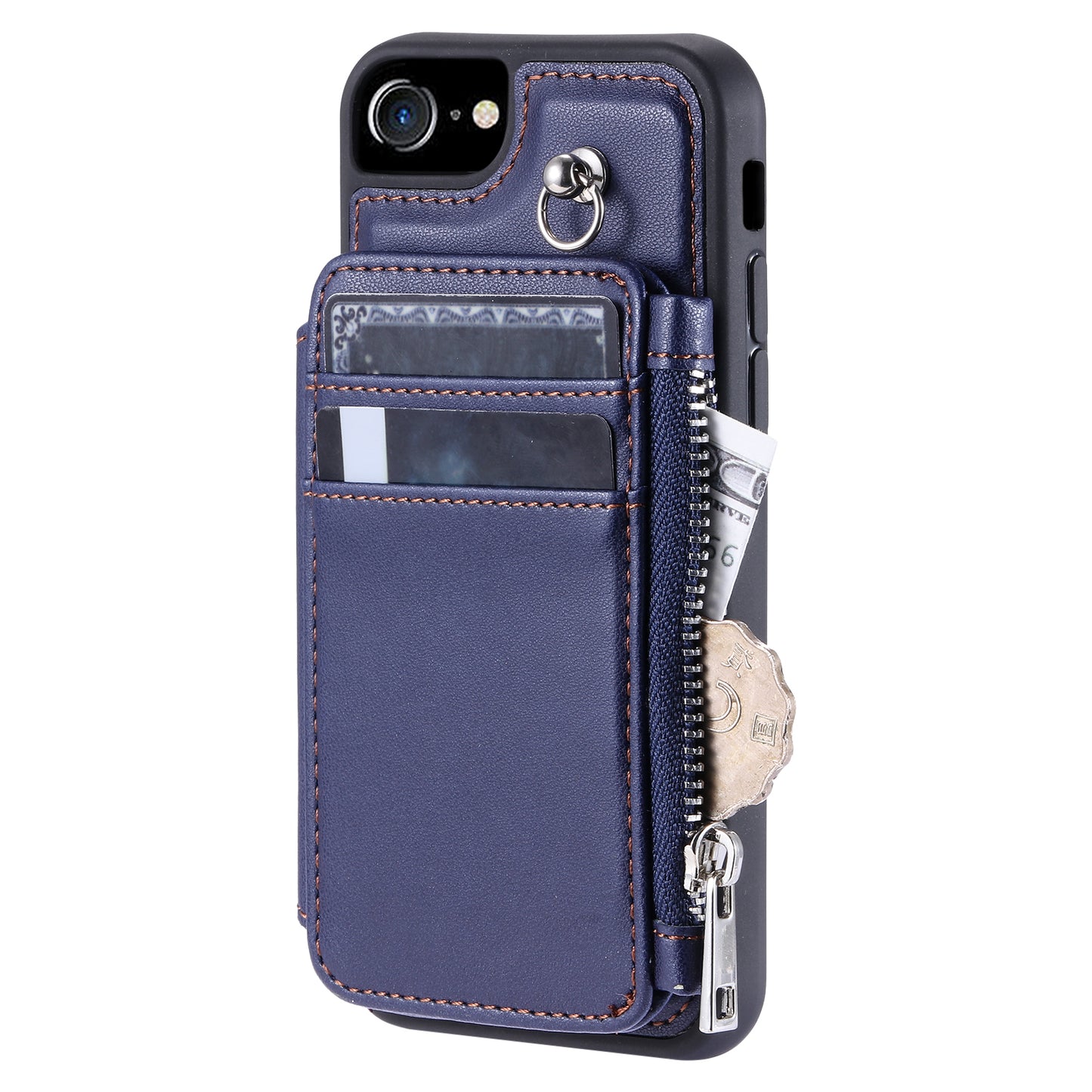 009 Cell Phone Back Case for iPhone 6 / 6s / 7 / 8 / SE (2020) / SE (2022) , RFID Blocking PU+TPU Cover Kickstand Zipper Wallet Shell with Strap