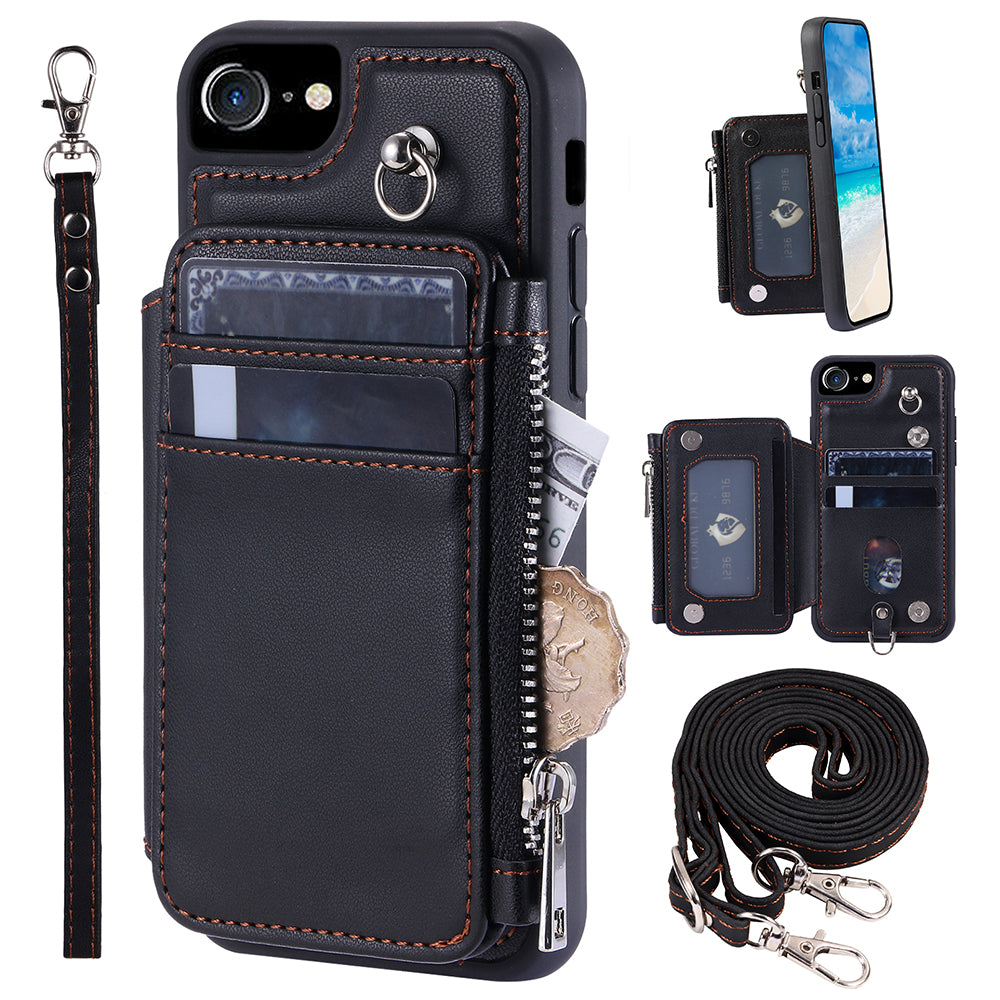 009 For iPhone 6 / 6s / 7 / 8 / SE (2020) / SE (2022) Back Shell RFID Blocking Zipper Wallet Case PU Leather+TPU Kickstand Phone Cover with Straps