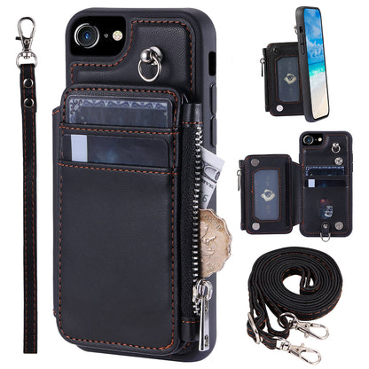 009 For iPhone 6 / 6s / 7 / 8 / SE (2020) / SE (2022) Back Shell RFID Blocking Zipper Wallet Case PU Leather+TPU Kickstand Phone Cover with Straps