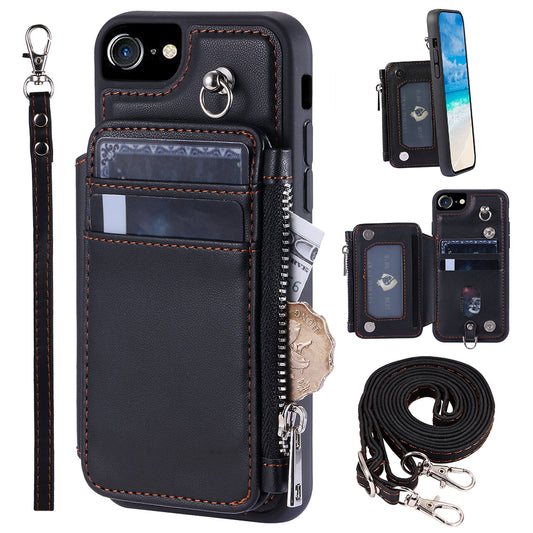 009 For iPhone 6 / 6s / 7 / 8 / SE (2020) / SE (2022) Back Shell RFID Blocking Zipper Wallet Case PU Leather+TPU Kickstand Phone Cover with Straps