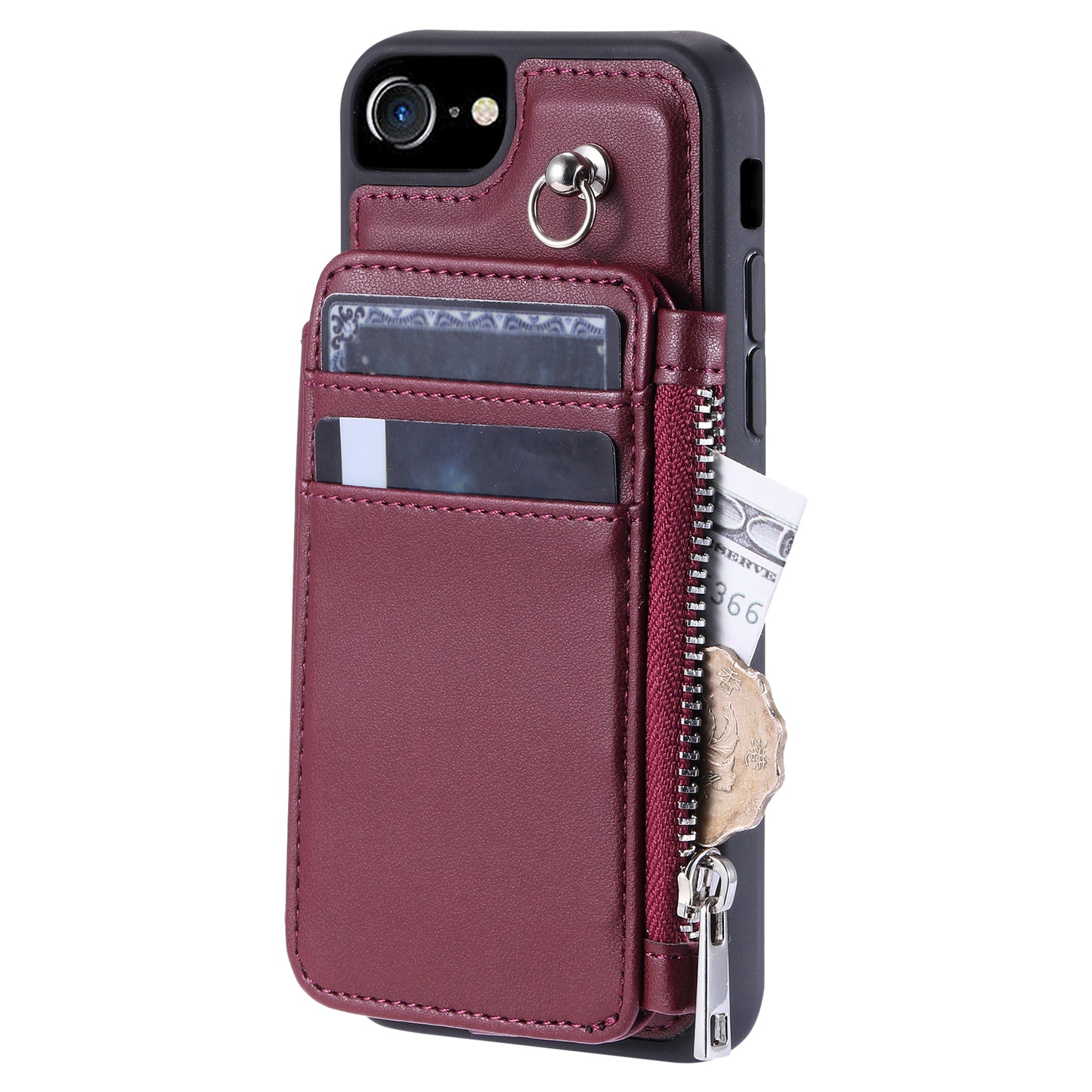 009 For iPhone 6 / 6s / 7 / 8 / SE (2020) / SE (2022) Back Shell RFID Blocking Zipper Wallet Case PU Leather+TPU Kickstand Phone Cover with Straps