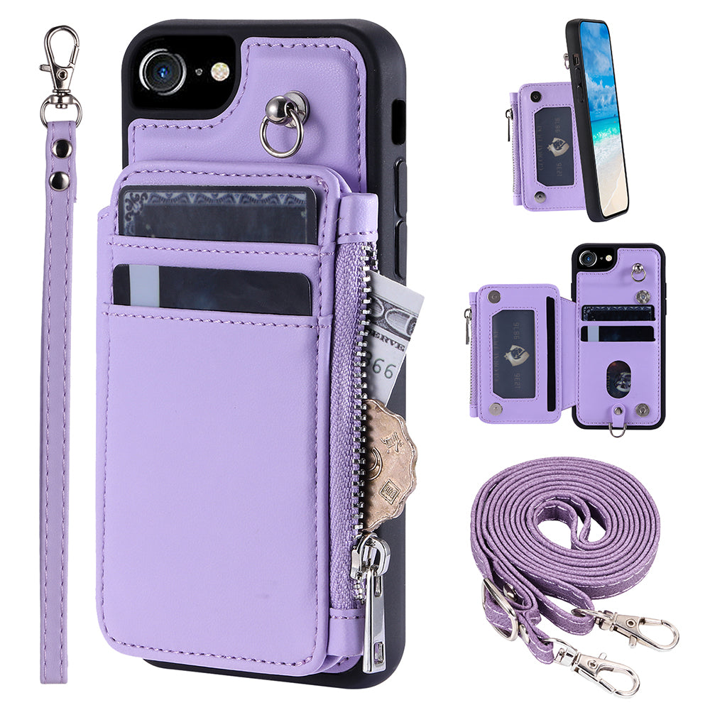 009 For iPhone 6 / 6s / 7 / 8 / SE (2020) / SE (2022) Back Shell RFID Blocking Zipper Wallet Case PU Leather+TPU Kickstand Phone Cover with Straps