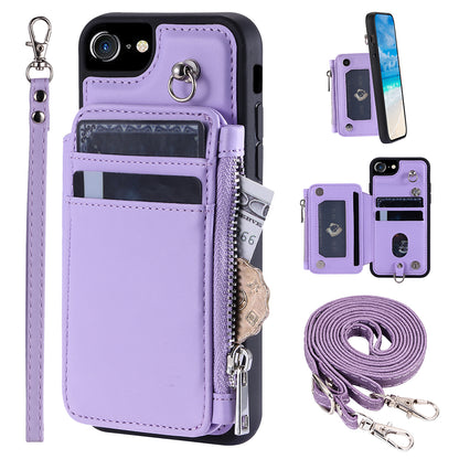 009 For iPhone 6 / 6s / 7 / 8 / SE (2020) / SE (2022) Back Shell RFID Blocking Zipper Wallet Case PU Leather+TPU Kickstand Phone Cover with Straps