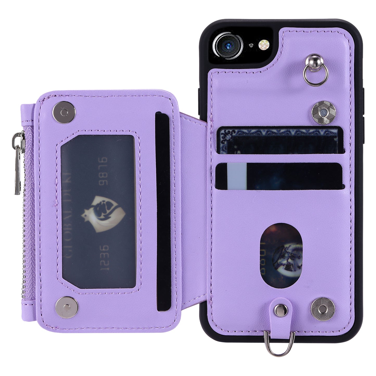 009 For iPhone 6 / 6s / 7 / 8 / SE (2020) / SE (2022) Back Shell RFID Blocking Zipper Wallet Case PU Leather+TPU Kickstand Phone Cover with Straps