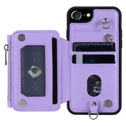 009 For iPhone 6 / 6s / 7 / 8 / SE (2020) / SE (2022) Back Shell RFID Blocking Zipper Wallet Case PU Leather+TPU Kickstand Phone Cover with Straps