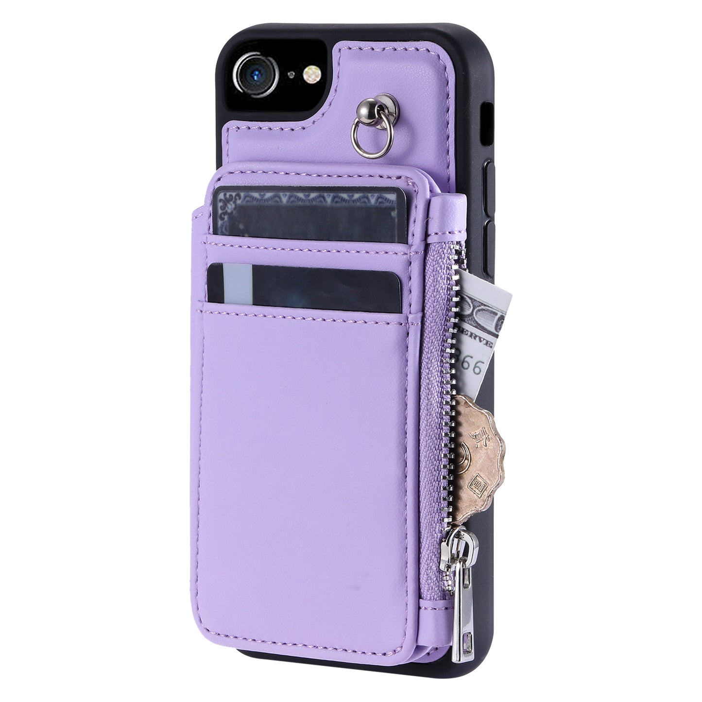 009 For iPhone 6 / 6s / 7 / 8 / SE (2020) / SE (2022) Back Shell RFID Blocking Zipper Wallet Case PU Leather+TPU Kickstand Phone Cover with Straps
