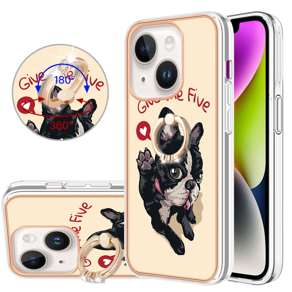 YB IMD Series-20 Style D Electroplating Phone Case for iPhone 15 Plus IMD Pattern 2.0mm Kickstand TPU Phone Cover