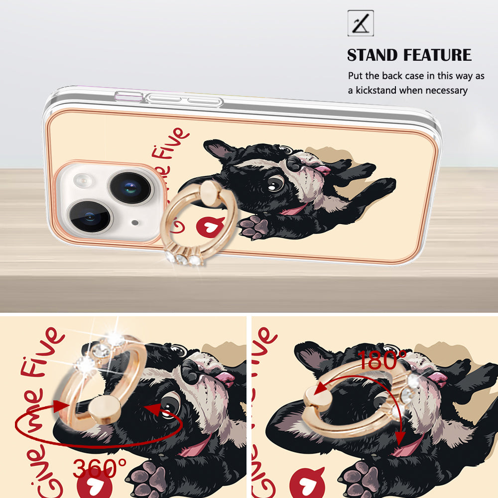 YB IMD Series-20 Style D Electroplating Phone Case for iPhone 15 Plus IMD Pattern 2.0mm Kickstand TPU Phone Cover