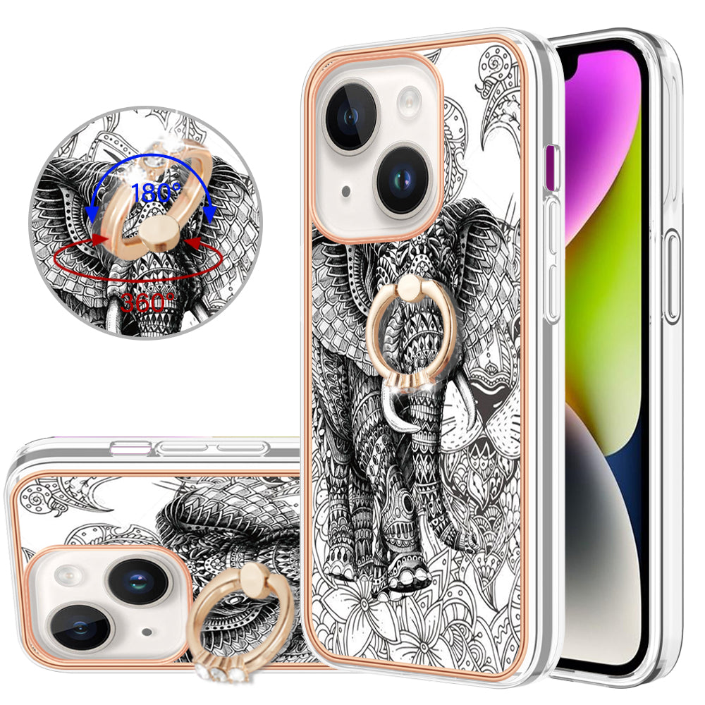 YB IMD Series-20 Style D Kickstand Phone Case for iPhone 15 Electroplating IMD Pattern 2.0mm Slim TPU Cover