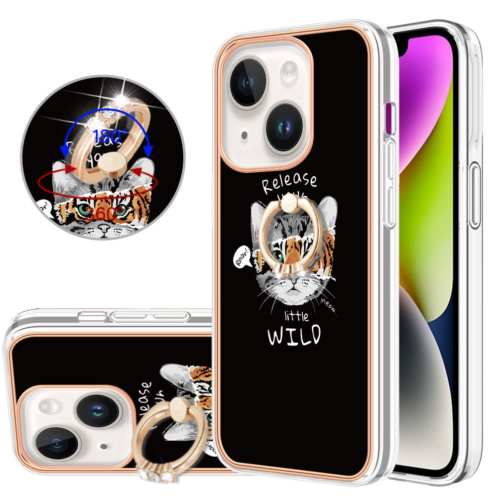 YB IMD Series-20 Style D Kickstand Phone Case for iPhone 15 Electroplating IMD Pattern 2.0mm Slim TPU Cover