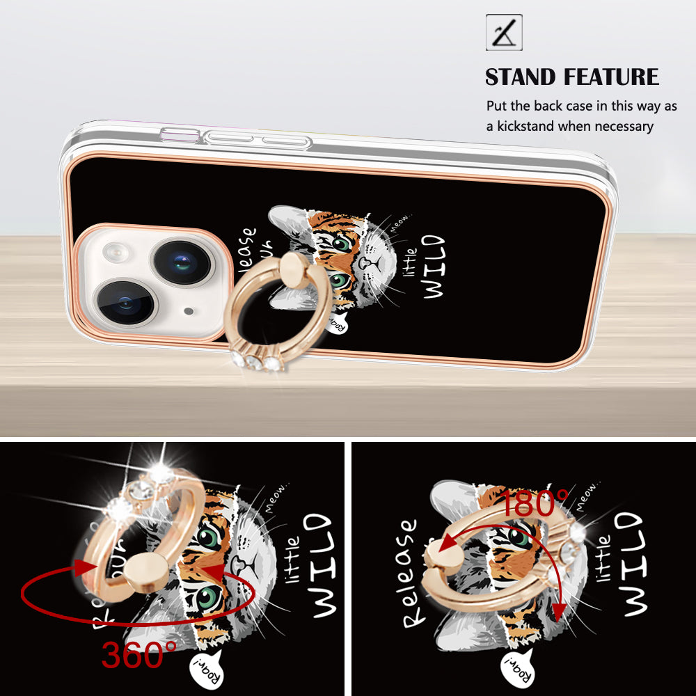 YB IMD Series-20 Style D Kickstand Phone Case for iPhone 15 Electroplating IMD Pattern 2.0mm Slim TPU Cover